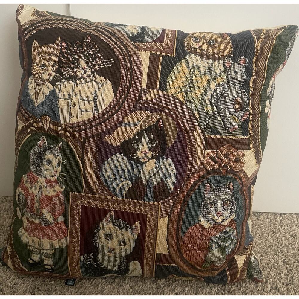 Vintage Dakotah Cat Portrait Tapestry Throw Pillow 16"x16”